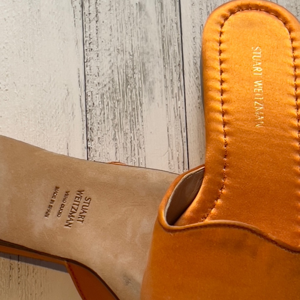Stuart Weitzman Muletown Round Toe Mules Slip On Flat Orange Satin - Picture 11 of 16